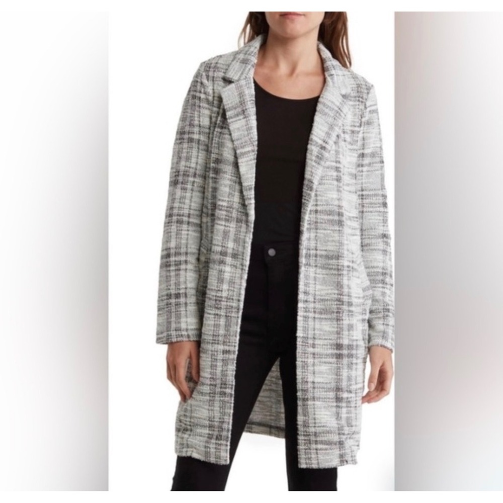 Melloday Womens XL Black White Plaid Open Front Longline Knit Boucle Cardigan